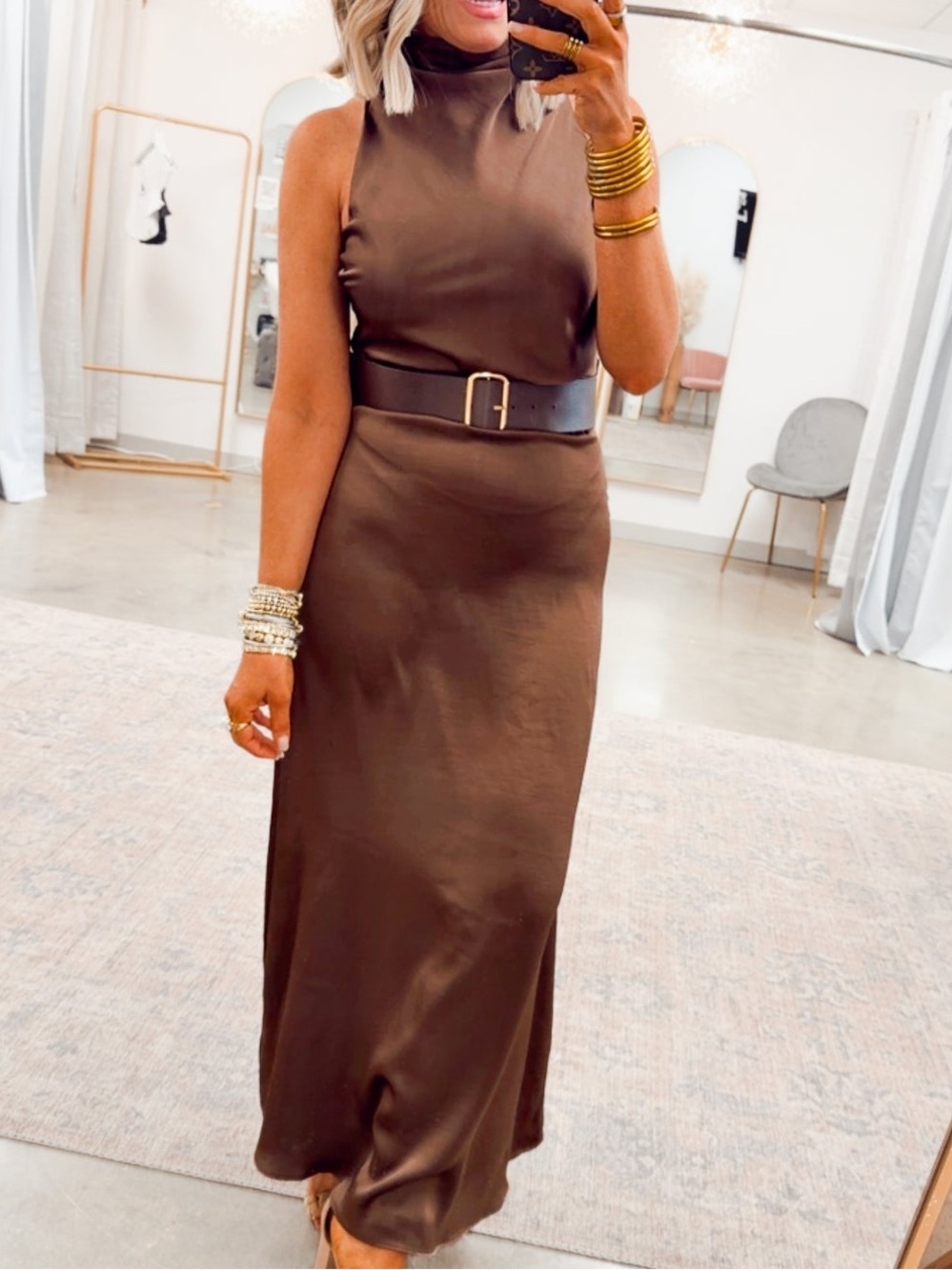 Brown Satin Maxi Dress with Belt - Picture 2 of 10